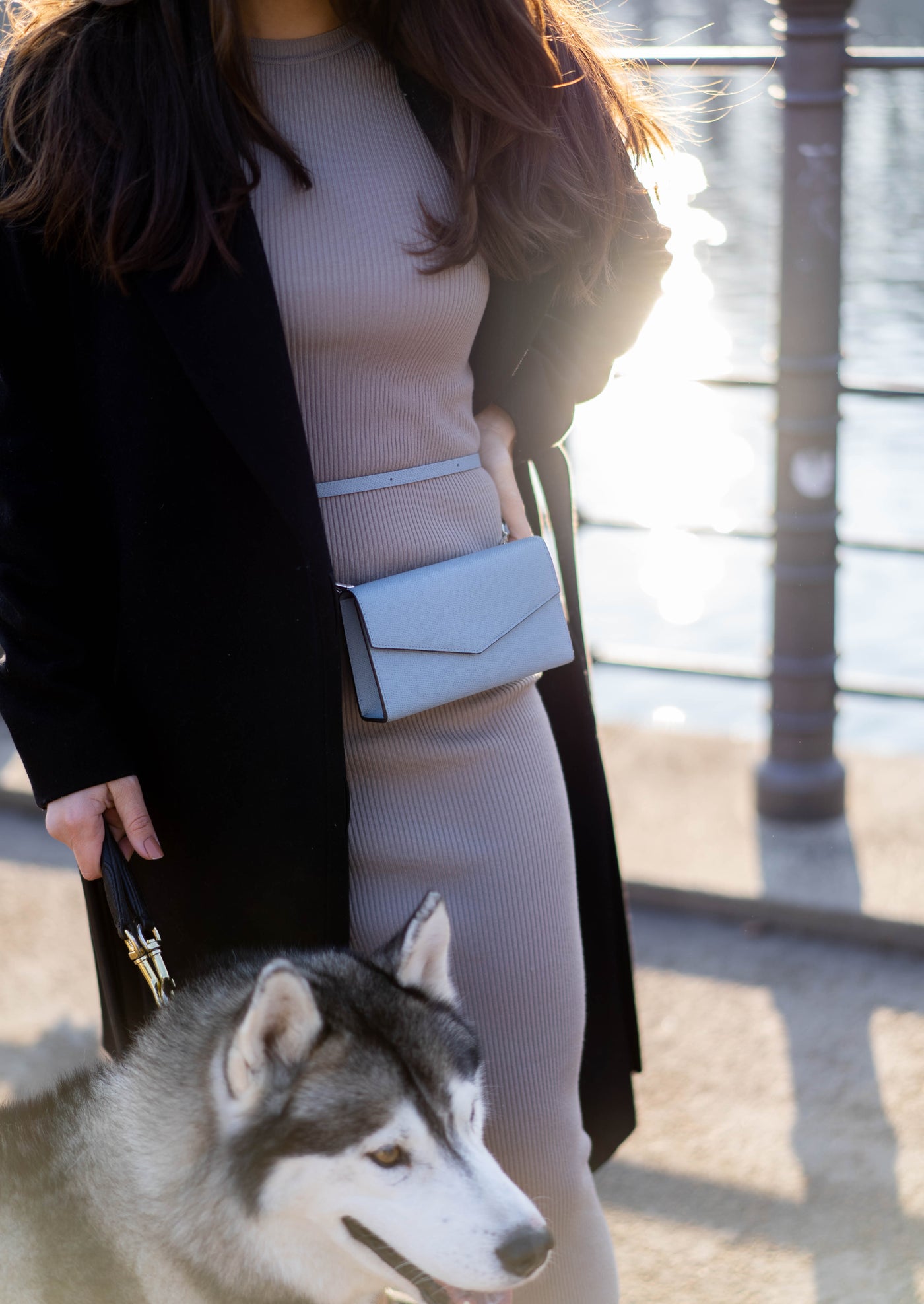 Detailansicht einer hochwertigen BONAVENTURA Lederhandtasche an einer stilvoll gekleideten Frau, die mit ihrem Hund spazieren geht.